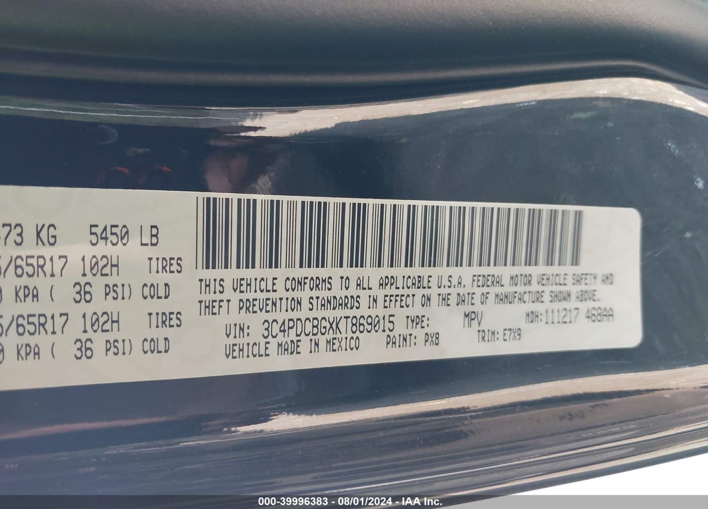 2019 DODGE JOURNEY SE VIN: 3C4PDCBGXKT869015