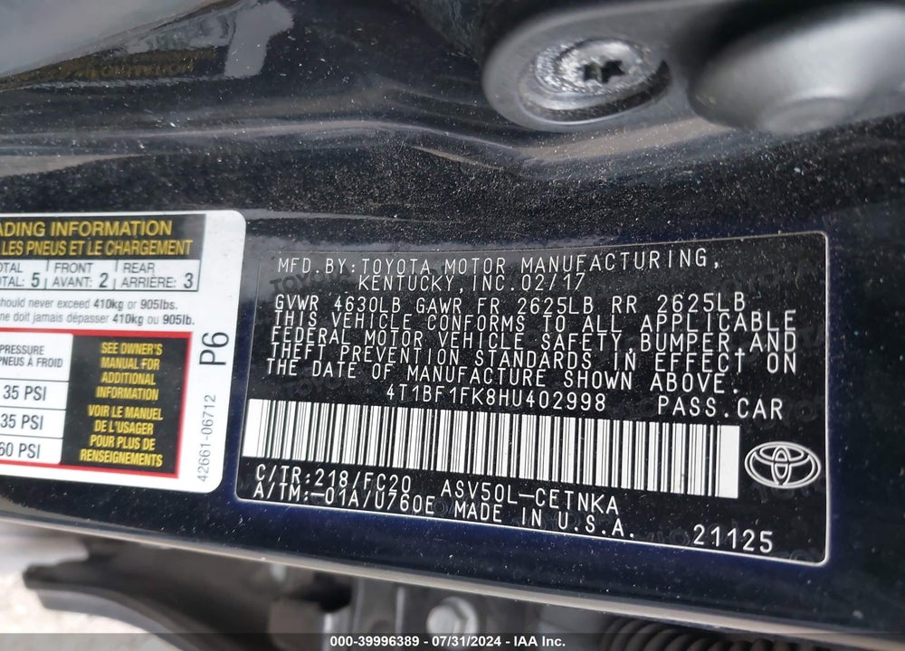 2017 TOYOTA CAMRY LE VIN: 4T1BF1FK8HU402998