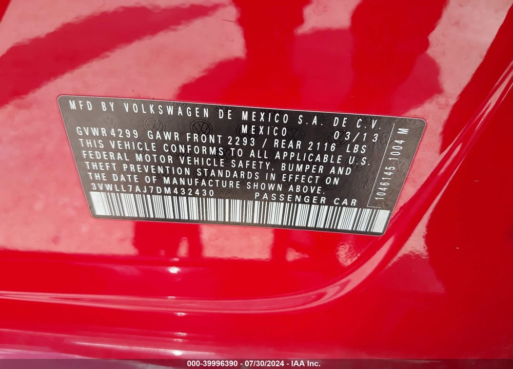 2013 VOLKSWAGEN JETTA 2.0L TDI VIN: 3VWLL7AJ7DM432430