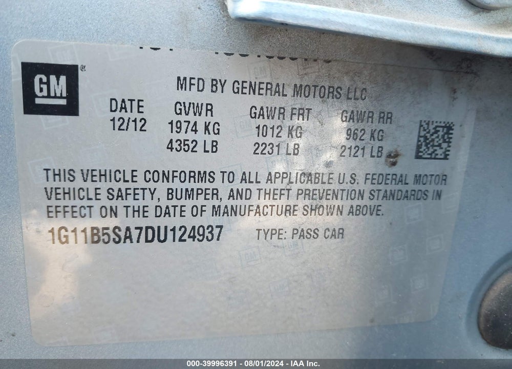 2013 CHEVROLET MALIBU 1LS VIN: 1G11B5SA7DU124937