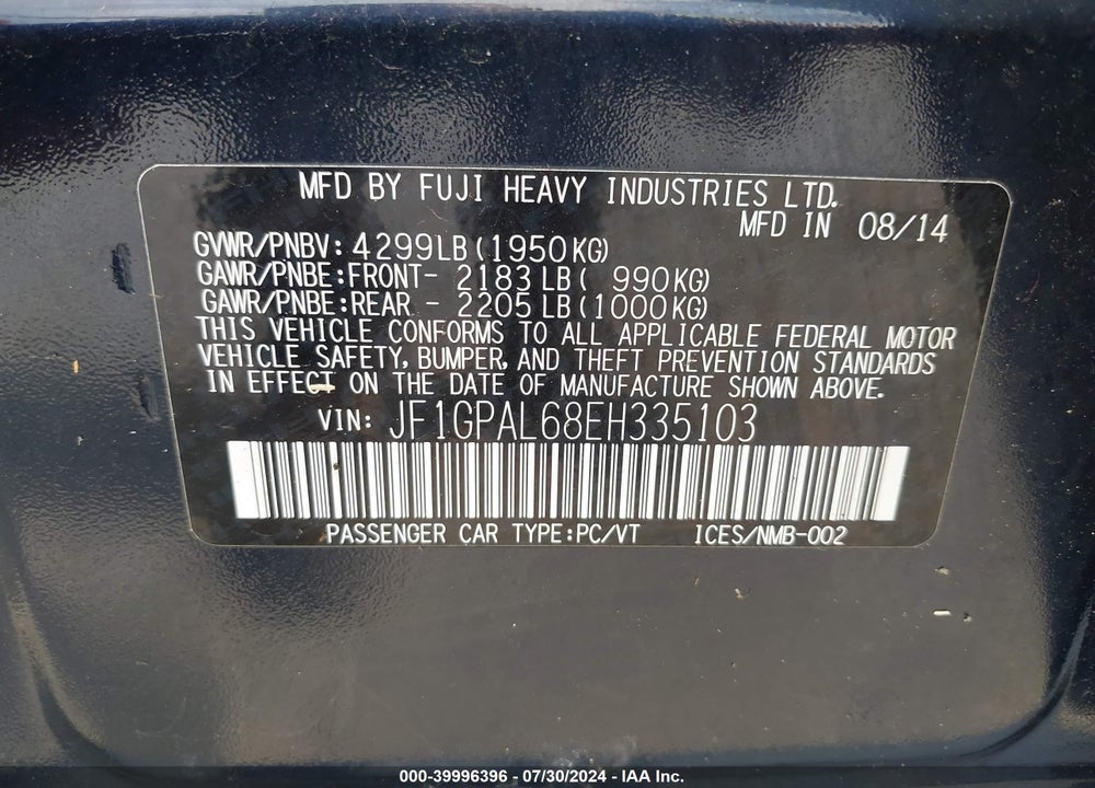 2014 SUBARU IMPREZA 2.0I SPORT PREMIUM VIN: JF1GPAL68EH335103