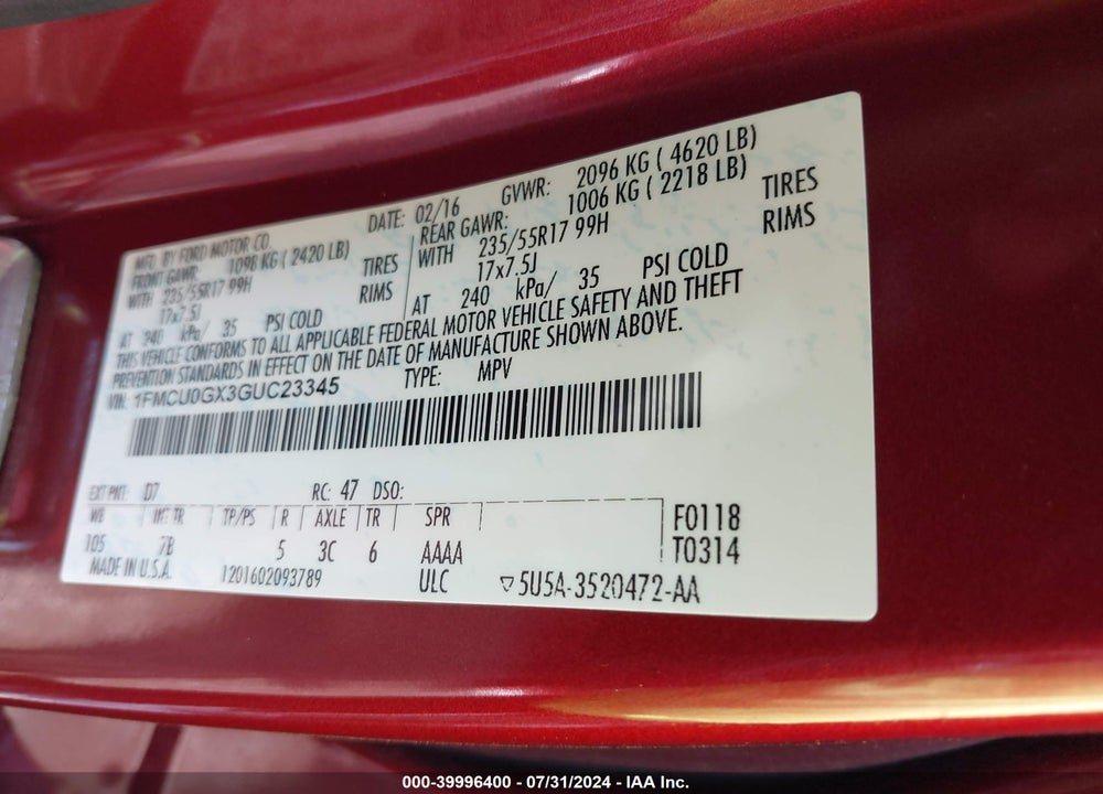 2016 FORD ESCAPE SE VIN: 1FMCU0GX3GUC23345