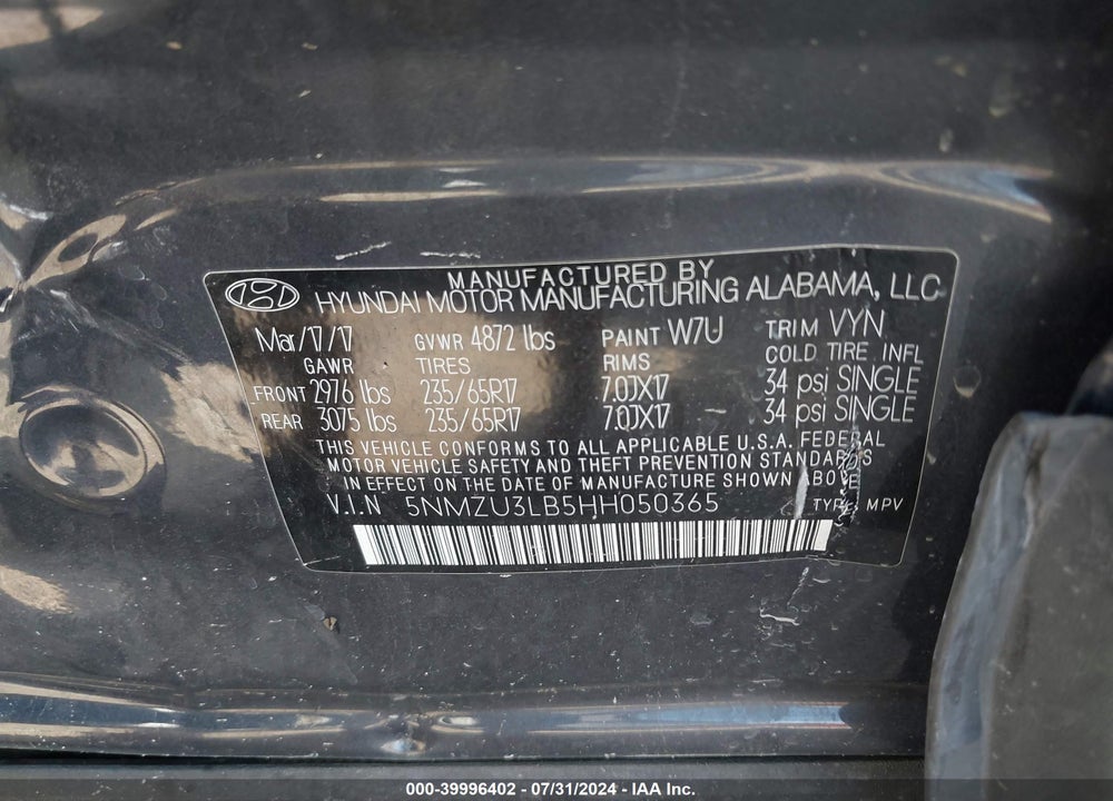 2017 HYUNDAI SANTA FE SPORT 2.4L VIN: 5NMZU3LB5HH050365