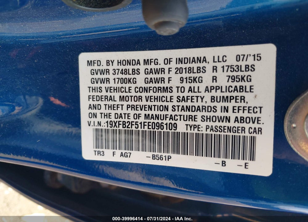 2015 HONDA CIVIC LX VIN: 19XFB2F51FE096109