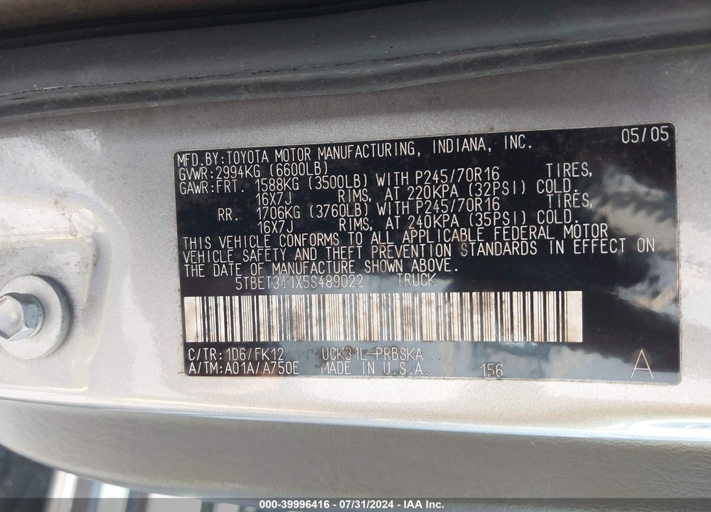 2005 TOYOTA TUNDRA SR5 V8 VIN: 5TBET341X5S489022
