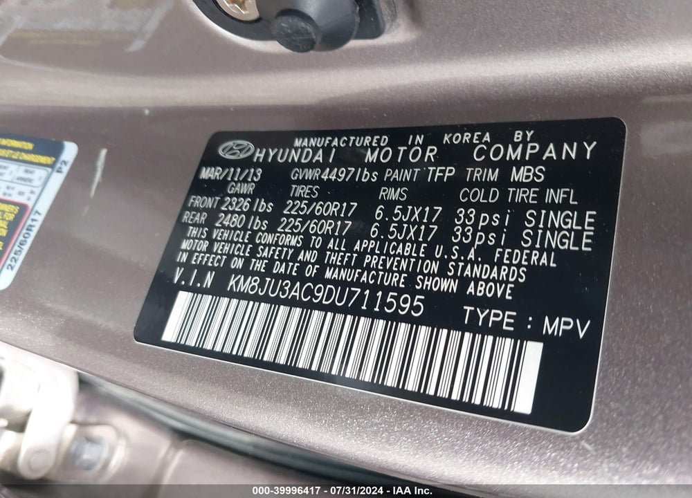 2013 HYUNDAI TUCSON GLS VIN: KM8JU3AC9DU711595