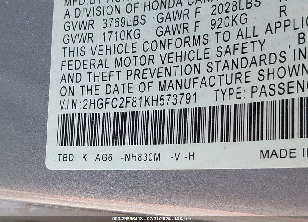 2019 HONDA CIVIC SPORT VIN: 2HGFC2F81KH573791