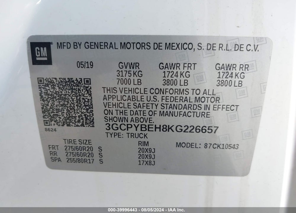 2019 CHEVROLET SILVERADO 1500 CUSTOM VIN: 3GCPYBEH8KG226657