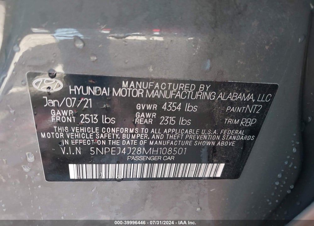 2021 HYUNDAI SONATA SEL PLUS VIN: 5NPEJ4J28MH108501