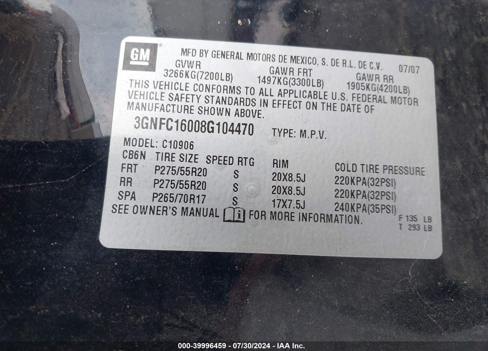 2008 CHEVROLET SUBURBAN 1500 LTZ VIN: 3GNFC16008G104470
