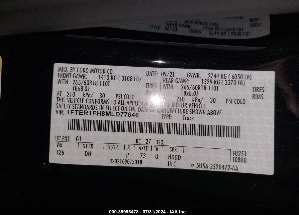 2021 FORD RANGER LARIAT VIN: 1FTER1FH8MLD77646