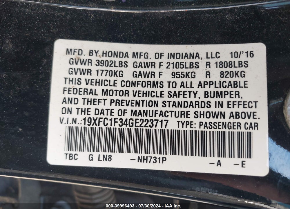 2016 HONDA CIVIC EX-T VIN: 19XFC1F34GE223717