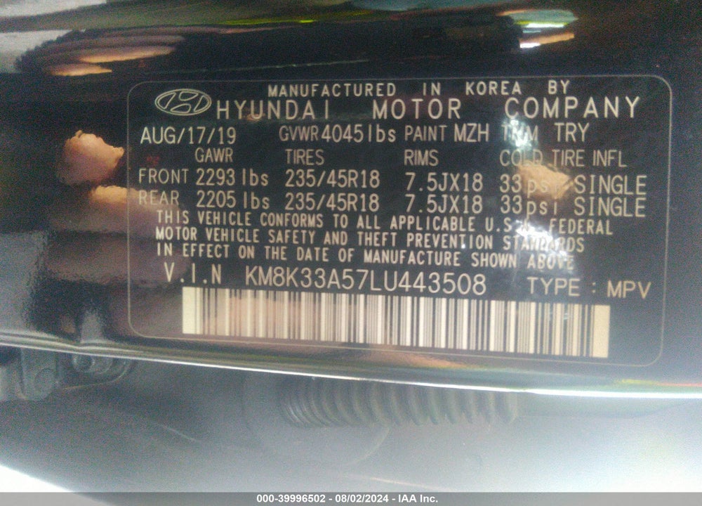 2020 HYUNDAI KONA LIMITED VIN: KM8K33A57LU443508