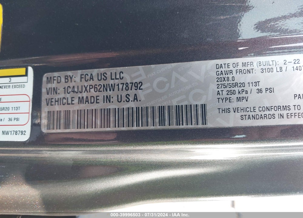 2022 JEEP WRANGLER 4XE UNLIMITED SAHARA 4X4 VIN: 1C4JJXP62NW178792