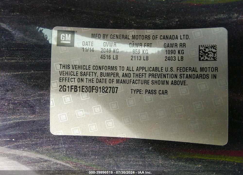 2015 CHEVROLET CAMARO 2LS VIN: 2G1FB1E30F9182707