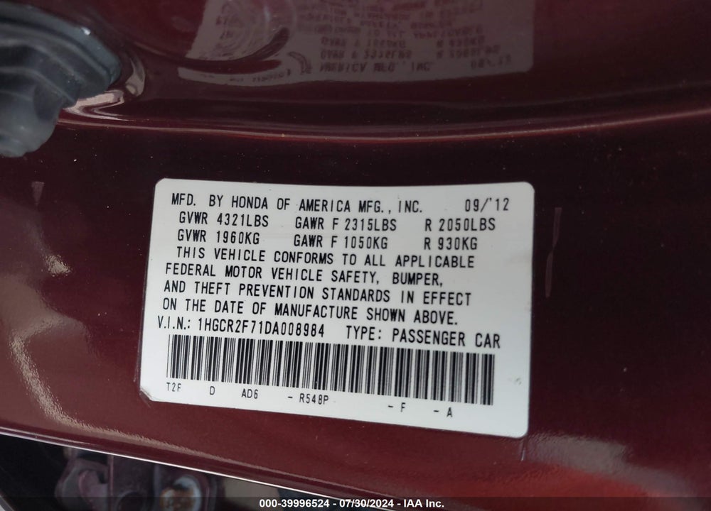 2013 HONDA ACCORD EX VIN: 1HGCR2F71DA008984