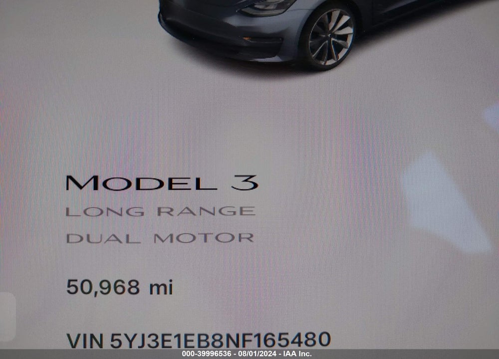 2022 TESLA MODEL 3 LONG RANGE DUAL MOTOR ALL-WHEEL DRIVE VIN: 5YJ3E1EB8NF165480