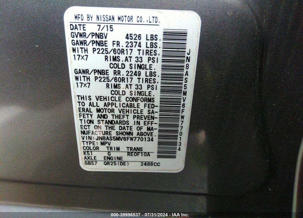 2015 NISSAN ROGUE SELECT S VIN: JN8AS5MV6FW770134