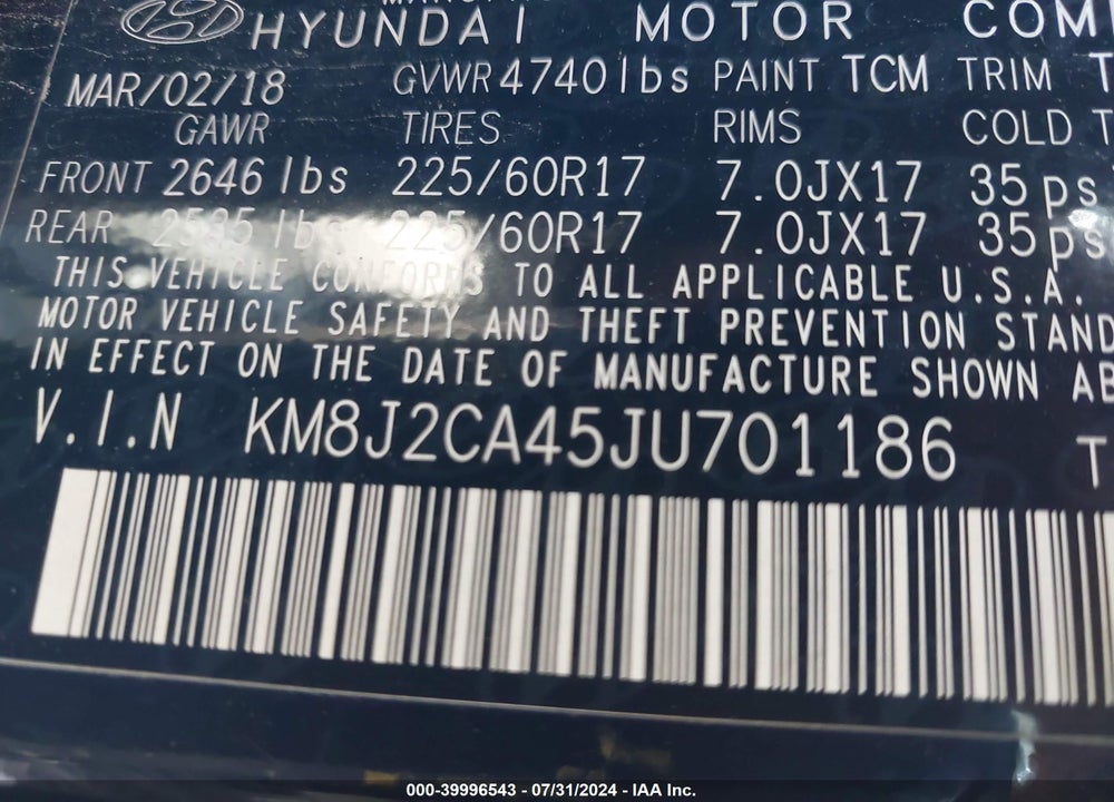 2018 HYUNDAI TUCSON VIN: KM8J2CA45JU701186
