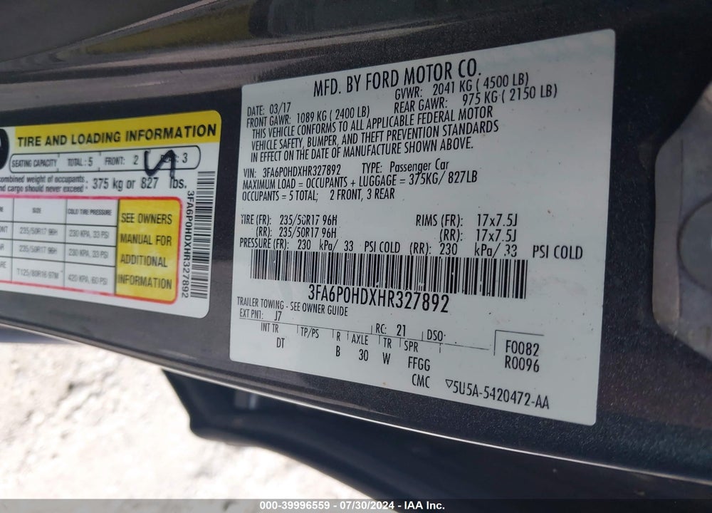 2017 FORD FUSION VIN: 3FA6P0HDXHR327892
