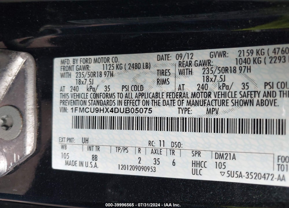 2013 FORD ESCAPE SEL VIN: 1FMCU9HX4DUB05075