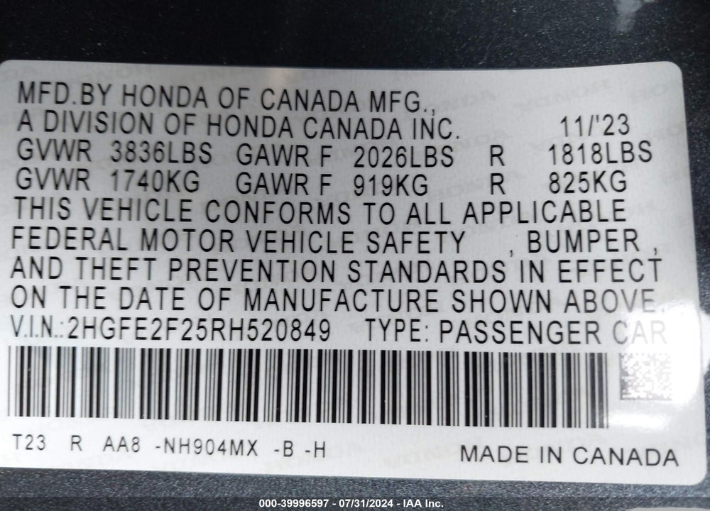 2024 HONDA CIVIC LX VIN: 2HGFE2F25RH520849
