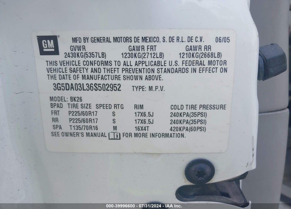 2006 BUICK RENDEZVOUS CX VIN: 3G5DA03L36S502952