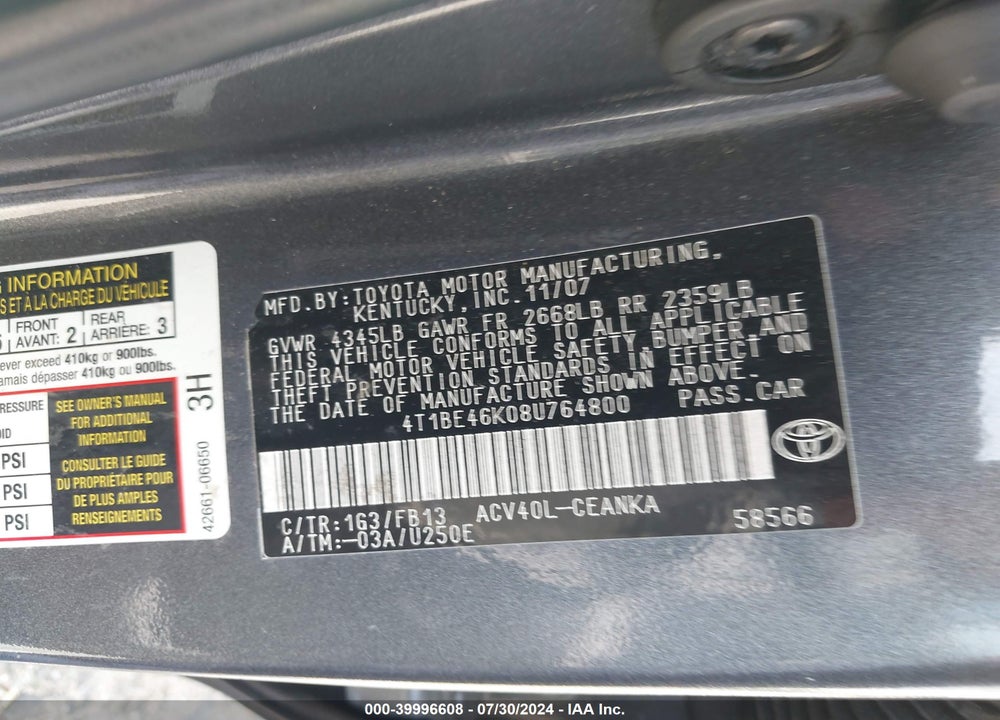 2008 TOYOTA CAMRY LE VIN: 4T1BE46K08U764800