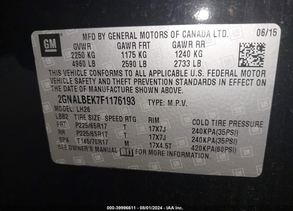 2015 CHEVROLET EQUINOX 1LT VIN: 2GNALBEK7F1176193