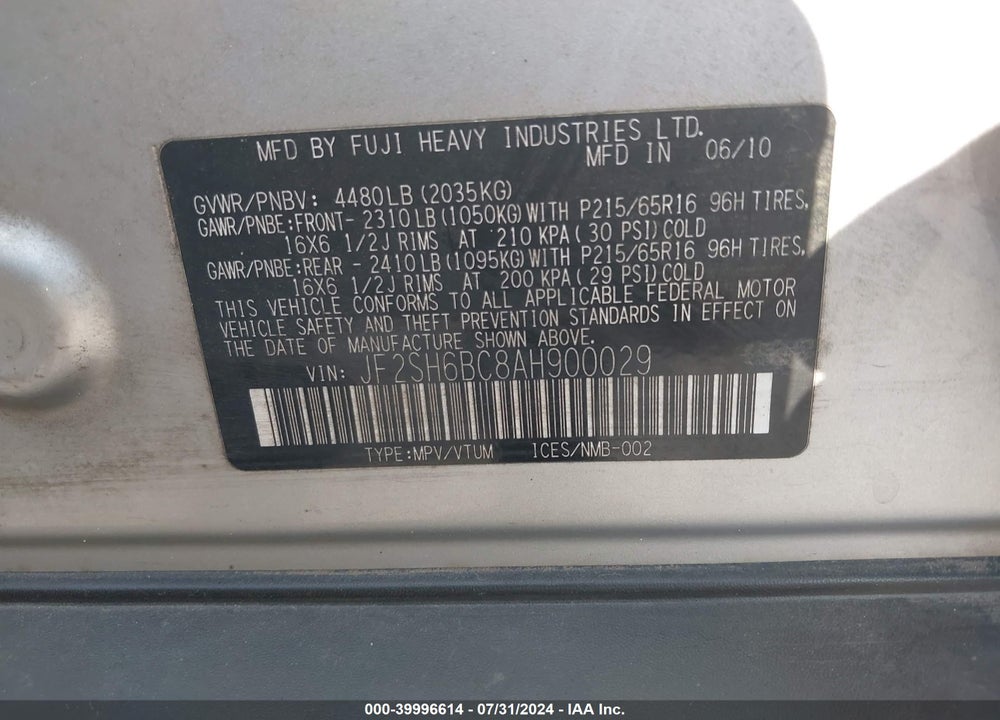 2010 SUBARU FORESTER 2.5X VIN: JF2SH6BC8AH900029