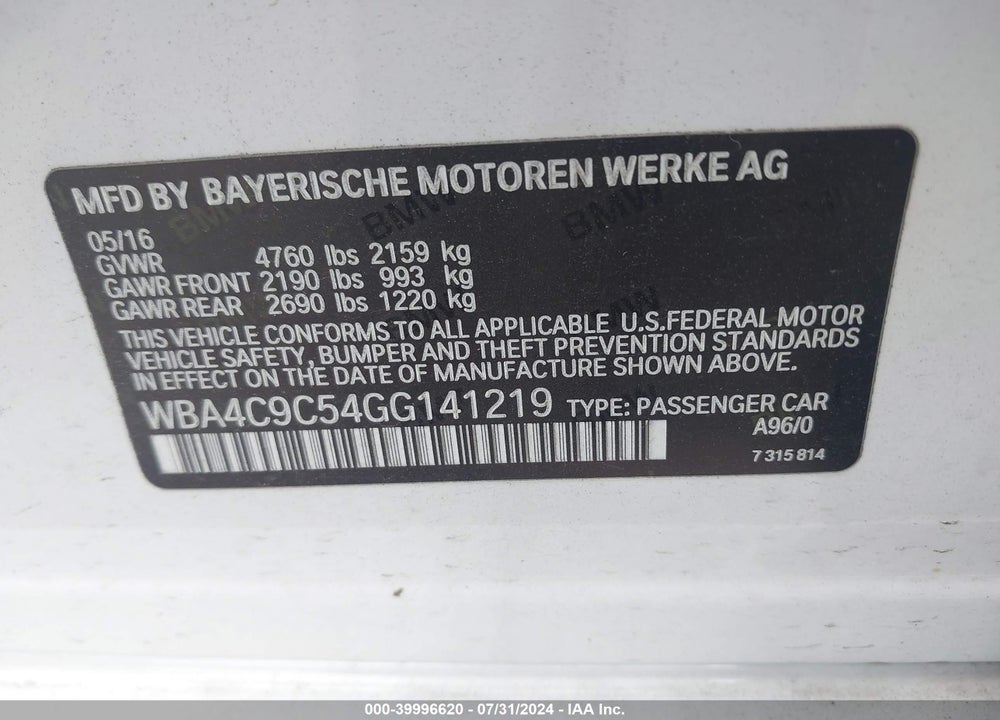 2016 BMW 428I GRAN COUPE XDRIVE VIN: WBA4C9C54GG141219