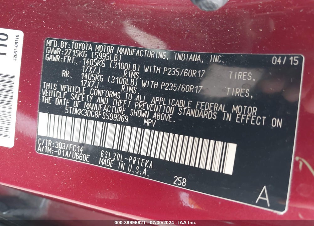 2015 TOYOTA SIENNA LE 8 PASSENGER VIN: 5TDKK3DC8FS599969