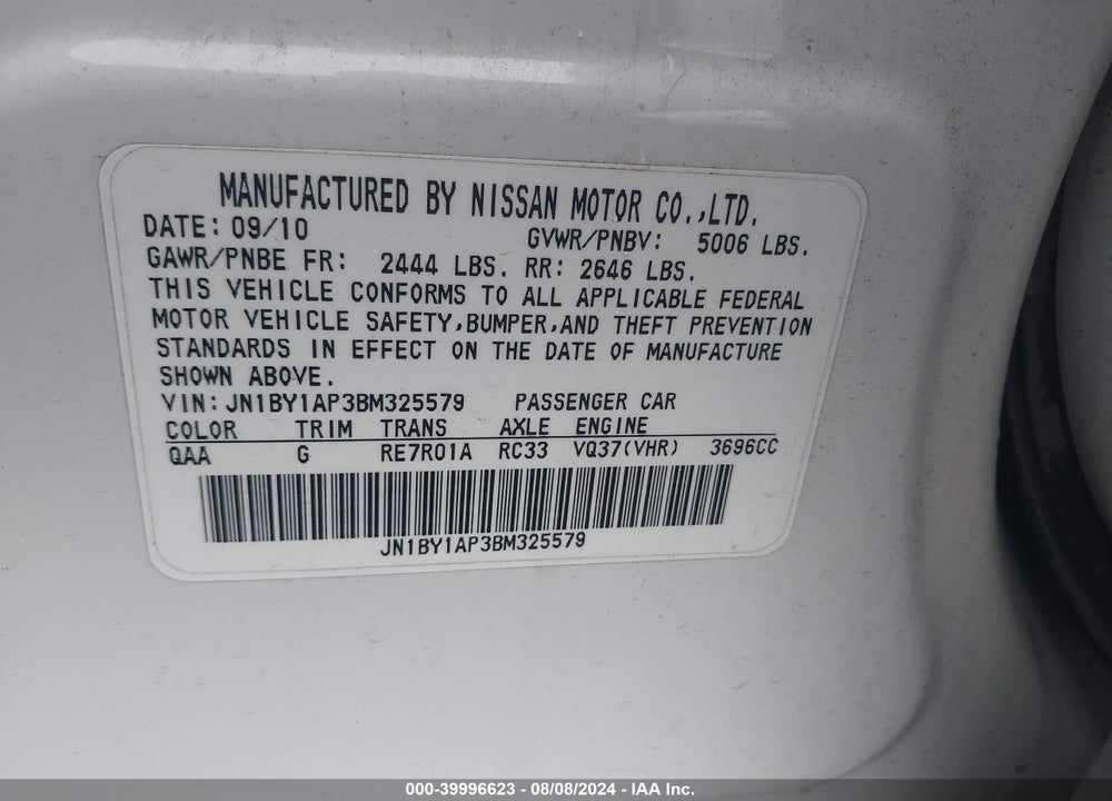 2011 INFINITI M37 VIN: JN1BY1AP3BM325579
