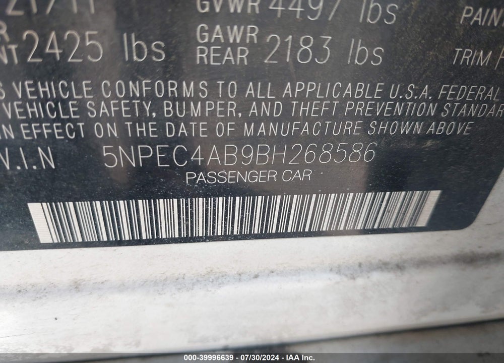 2011 HYUNDAI SONATA VIN: 5NPEC4AB9BH268586