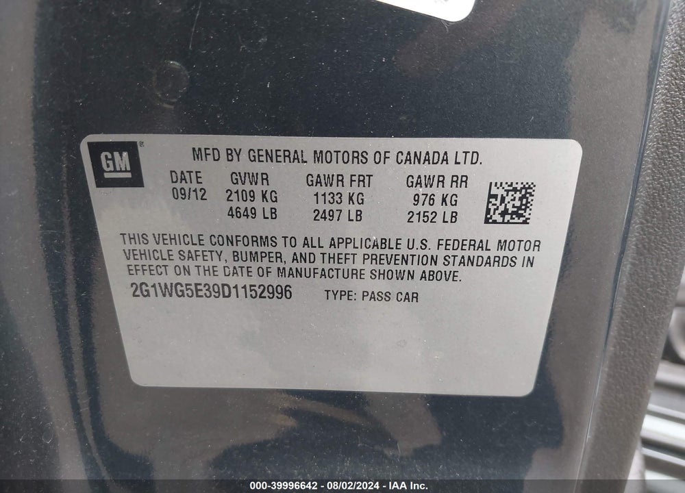 2013 CHEVROLET IMPALA LT VIN: 2G1WG5E39D1152996