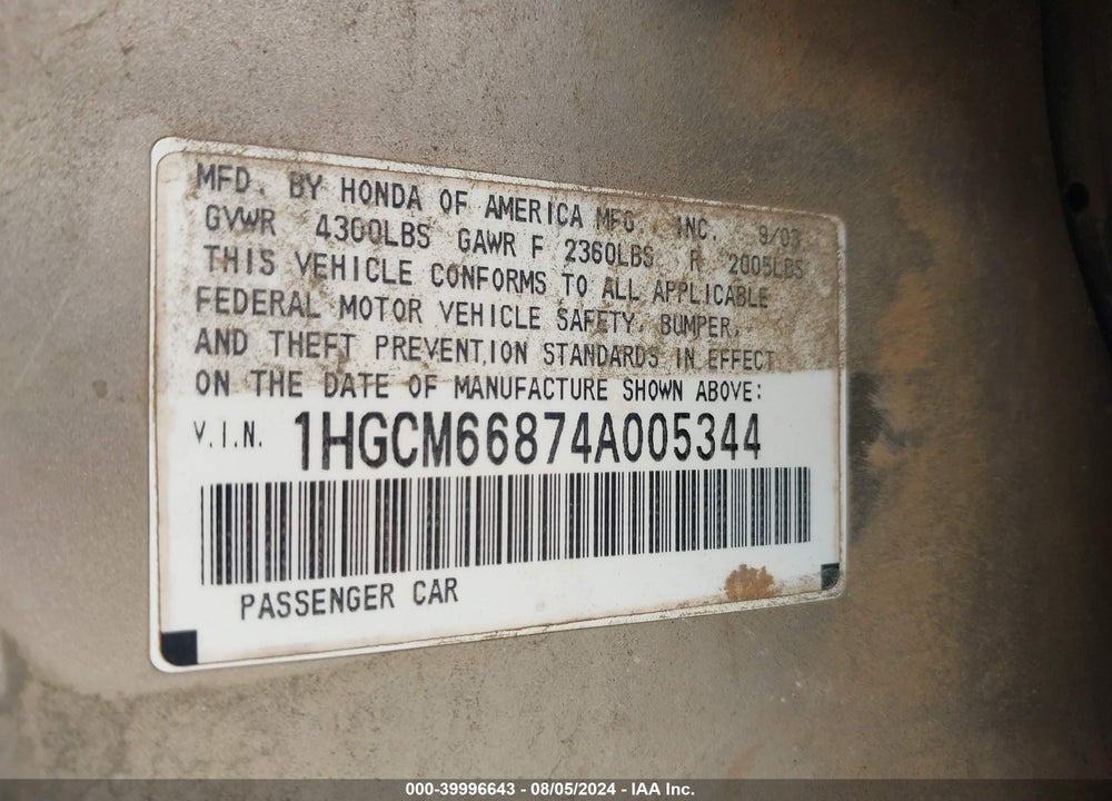 2004 HONDA ACCORD 3.0 EX VIN: 1HGCM66874A005344