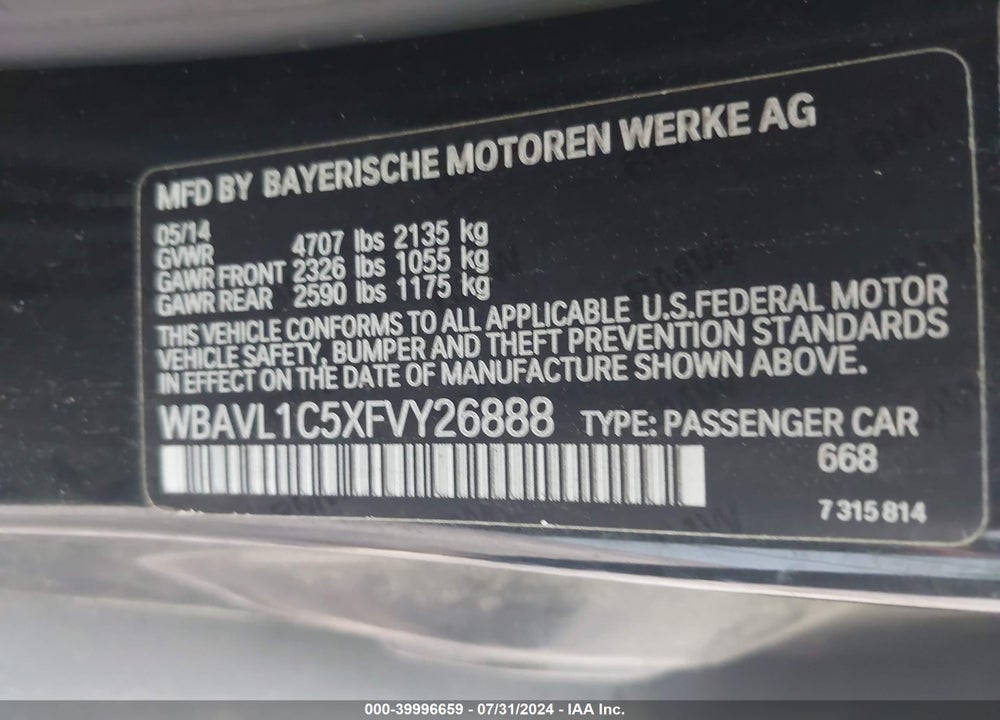2015 BMW X1 XDRIVE28I VIN: WBAVL1C5XFVY26888