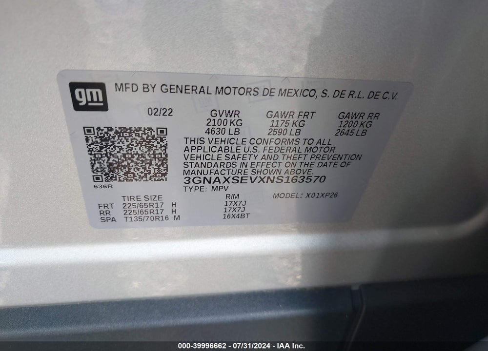 2022 CHEVROLET EQUINOX AWD LS VIN: 3GNAXSEVXNS163570