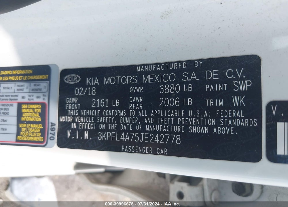 2018 KIA FORTE VIN: 3KPFL4A75JE242778