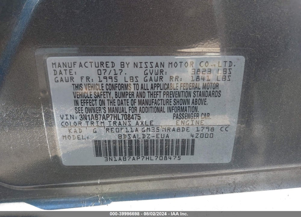 2017 NISSAN SENTRA SV VIN: 3N1AB7AP7HL708475
