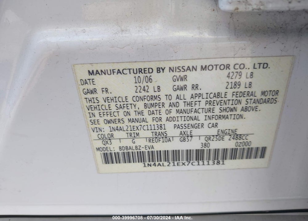 2007 NISSAN ALTIMA 2.5 S VIN: 1N4AL21EX7C111381