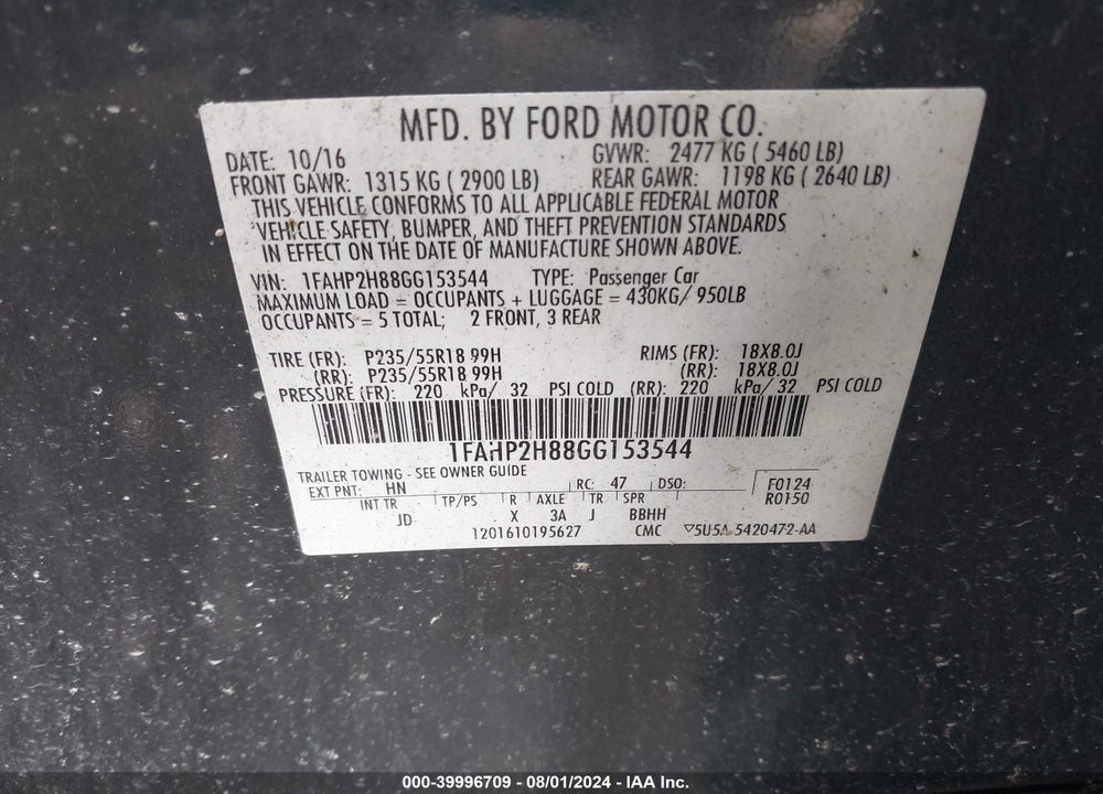 2016 FORD TAURUS SEL VIN: 1FAHP2H88GG153544