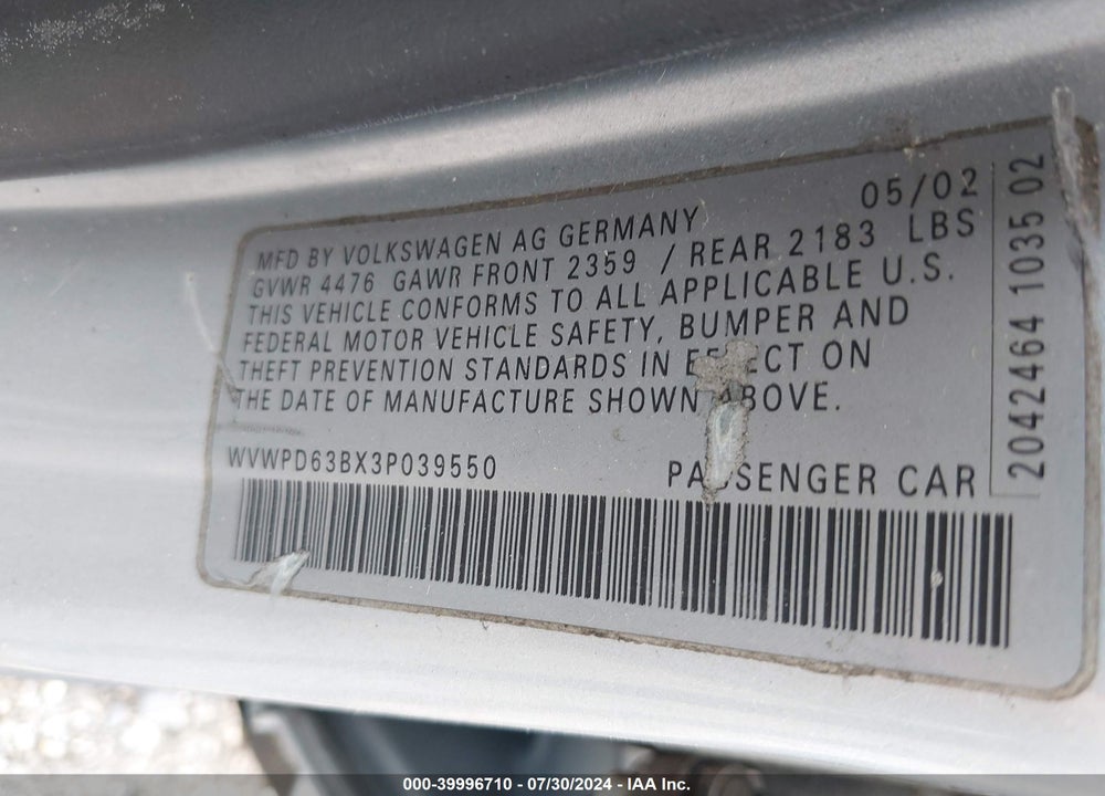 2003 VOLKSWAGEN PASSAT GLS VIN: WVWPD63BX3P039550