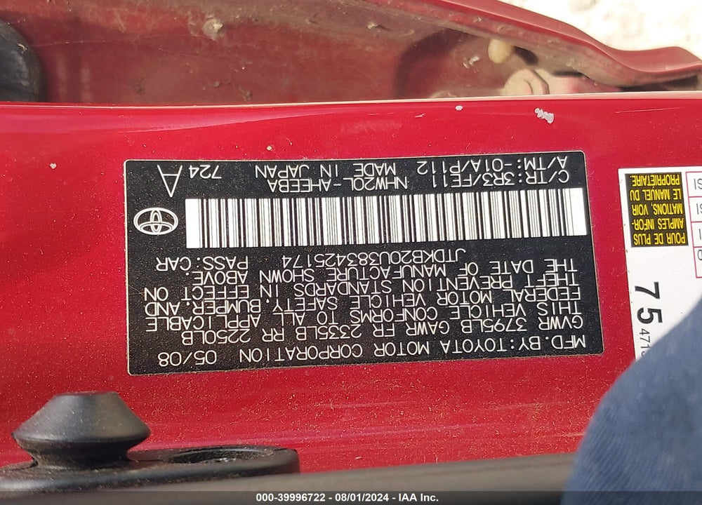 2008 TOYOTA PRIUS VIN: JTDKB20U383425174