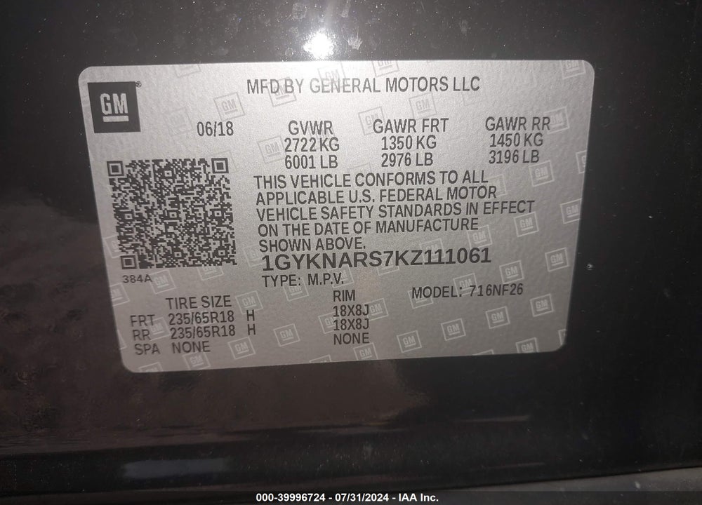2019 CADILLAC XT5 STANDARD VIN: 1GYKNARS7KZ111061