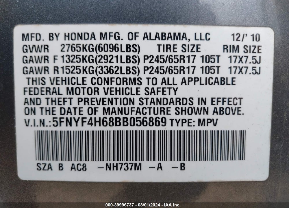 2011 HONDA PILOT EX-L VIN: 5FNYF4H68BB056869