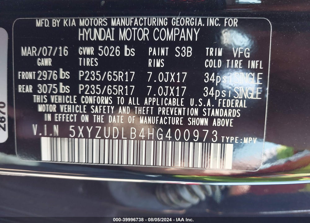 2017 HYUNDAI SANTA FE SPORT 2.4L VIN: 5XYZUDLB4HG400973