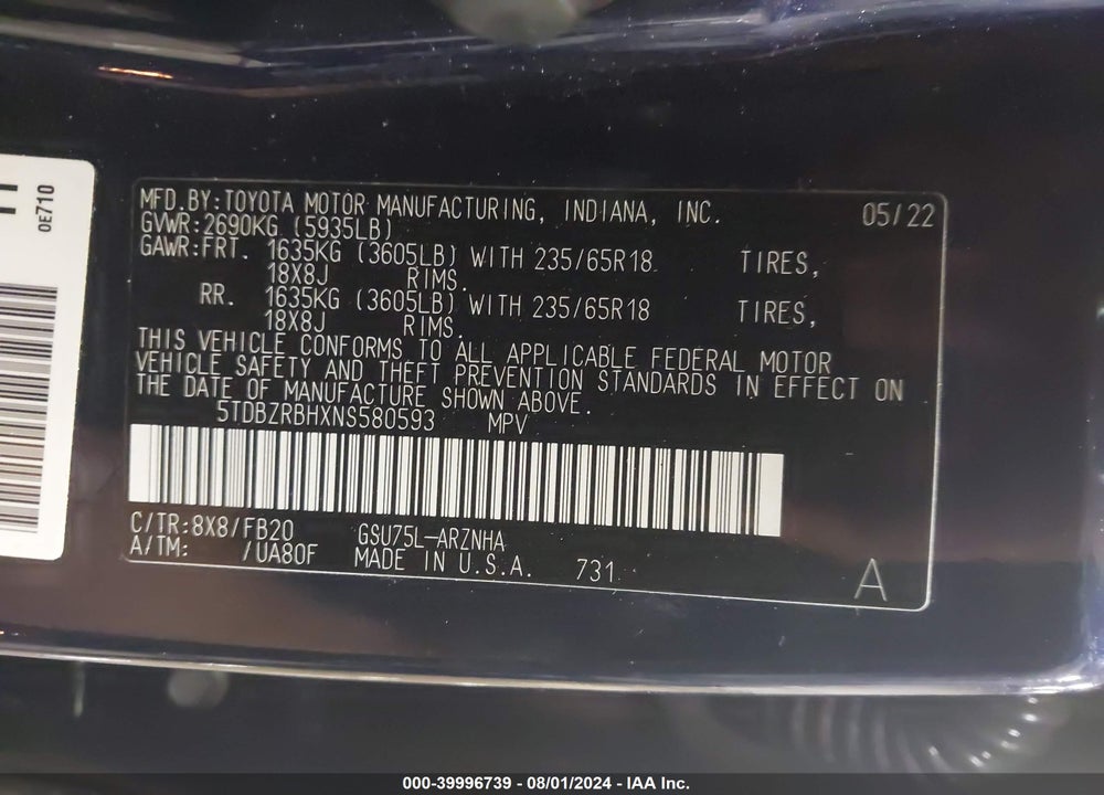2022 TOYOTA HIGHLANDER LE VIN: 5TDBZRBHXNS580593