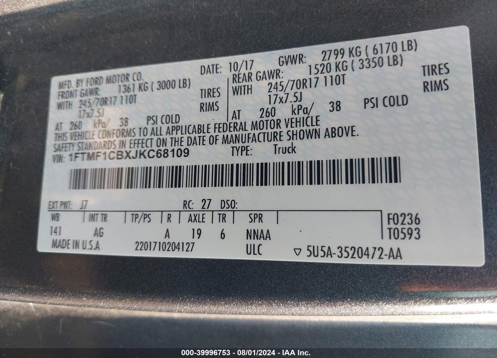 2018 FORD F-150 XL VIN: 1FTMF1CBXJKC68109