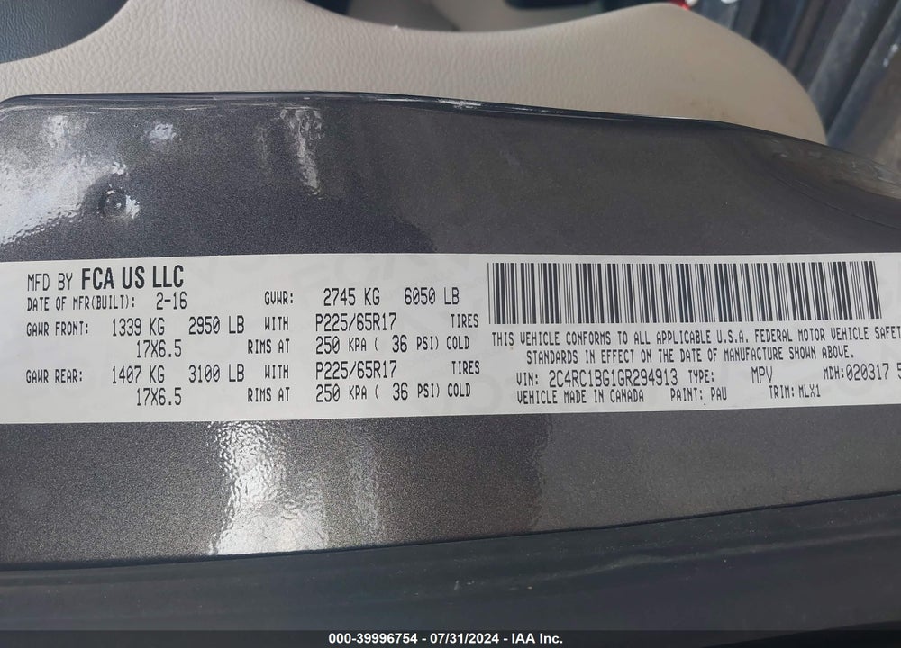 2016 CHRYSLER TOWN & COUNTRY TOURING VIN: 2C4RC1BG1GR294913